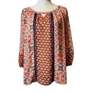 Figueroa & Flower Abstract Print Tunic Top Navy Red Yellow Embellished Large